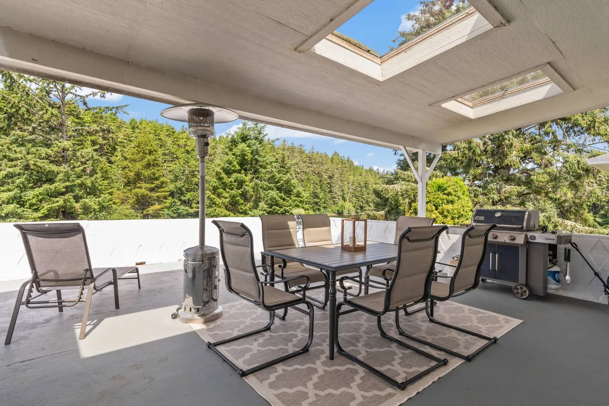 The outdoor patio is set for al fresco dining, featuring a large dining table surrounded by trees, a barbecue grill, skylights, and an outdoor heater for comfort. The space is designed for social gatherings, barbecue feasts, and enjoying nature.